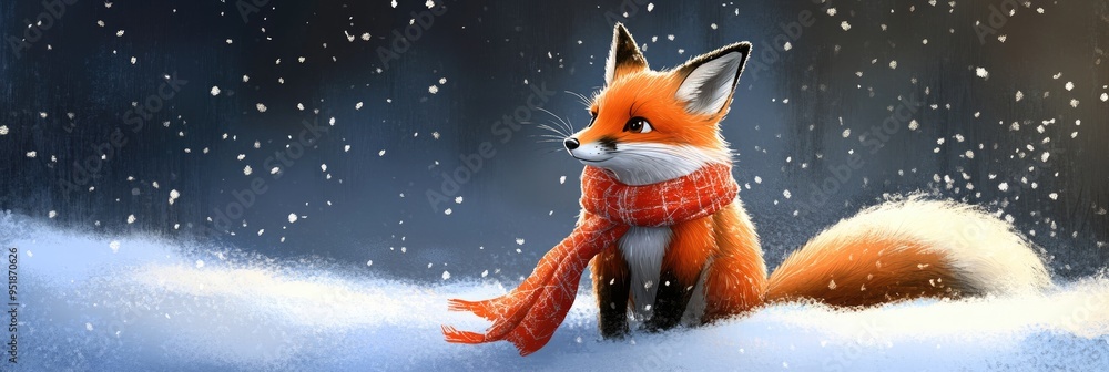 Adorable Christmas fox wearing a scarf and playing in the snow Adorable Christmas fox wearing a scarf and playing in the snow