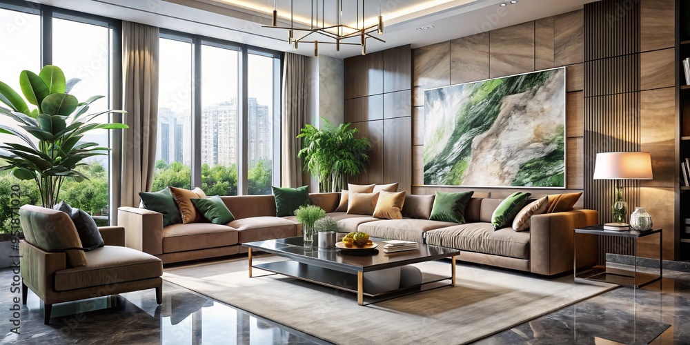Luxurious modern living room with floor-to-ceiling windows, velvet sofa, marble coffee table, greenery, and abstract artwork, evoking a sense of sophistication and calmness in warm neutral tones. Luxurious modern living room with floor-to-ceiling windows, velvet sofa, marble coffee table, greenery, and abstract artwork, evoking a sense of sophistication and calmness in warm neutral tones.