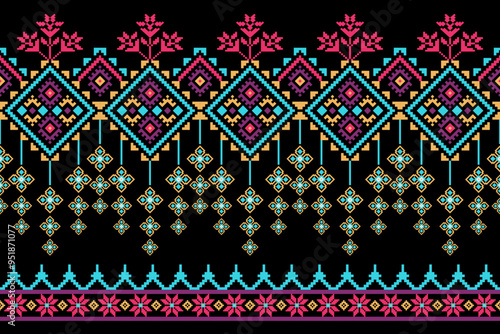 Cross stitch pattern concept showcasing traditional ethnic geometric pattern, Design for textile, background,carpet,wallpaper,clothing,wrapping,Batik,fabric,Vector illustration