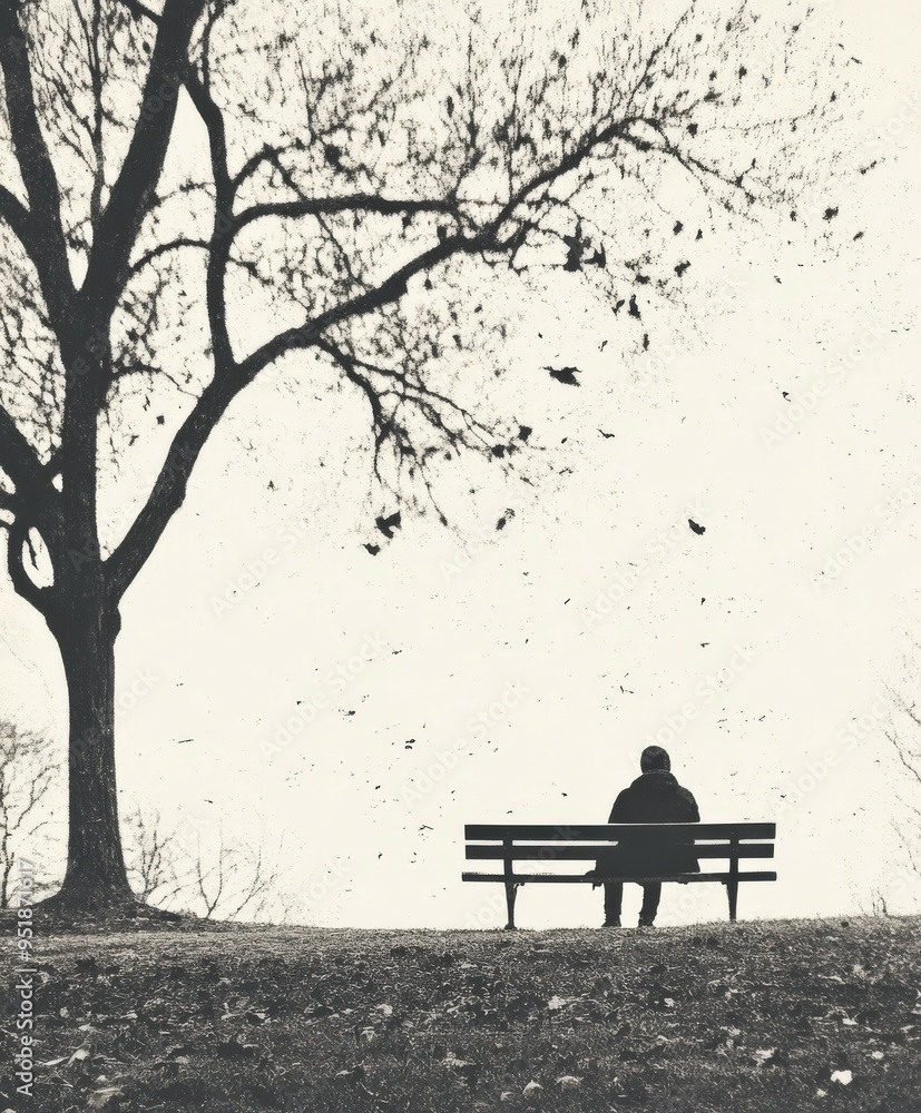 A lonely person sitting on a bench under a bare tree in autumn