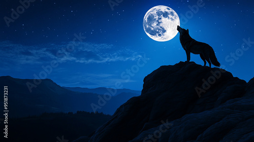 A wolf is standing on a mountain and howling at the moon  