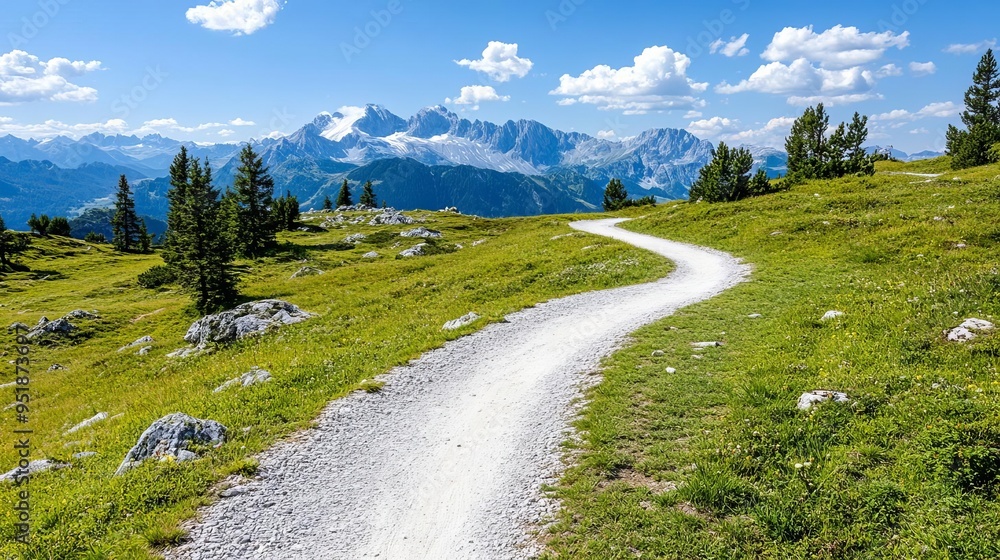 Fototapeta premium Scenic mountain biking trail winding through rugged terrain, outdoor adventure and exploration