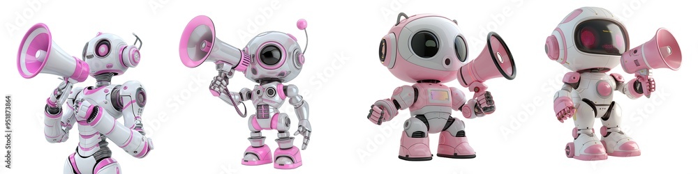 3D AI chatbot, female pink and white with megaphone - Artificial Intelligence digital concept, cutout 3D AI chatbot, female pink and white with megaphone - Artificial Intelligence digital concept, cutout
