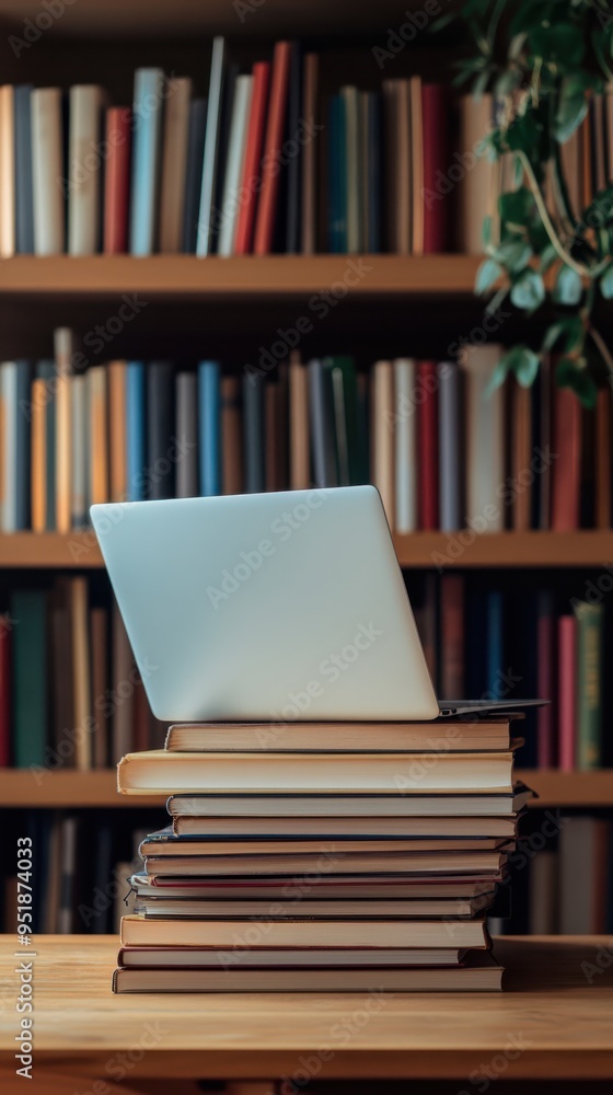 Laptop and books on a wooden desk in a modern office on a blurry background Laptop and books on a wooden desk in a modern office on a blurry background