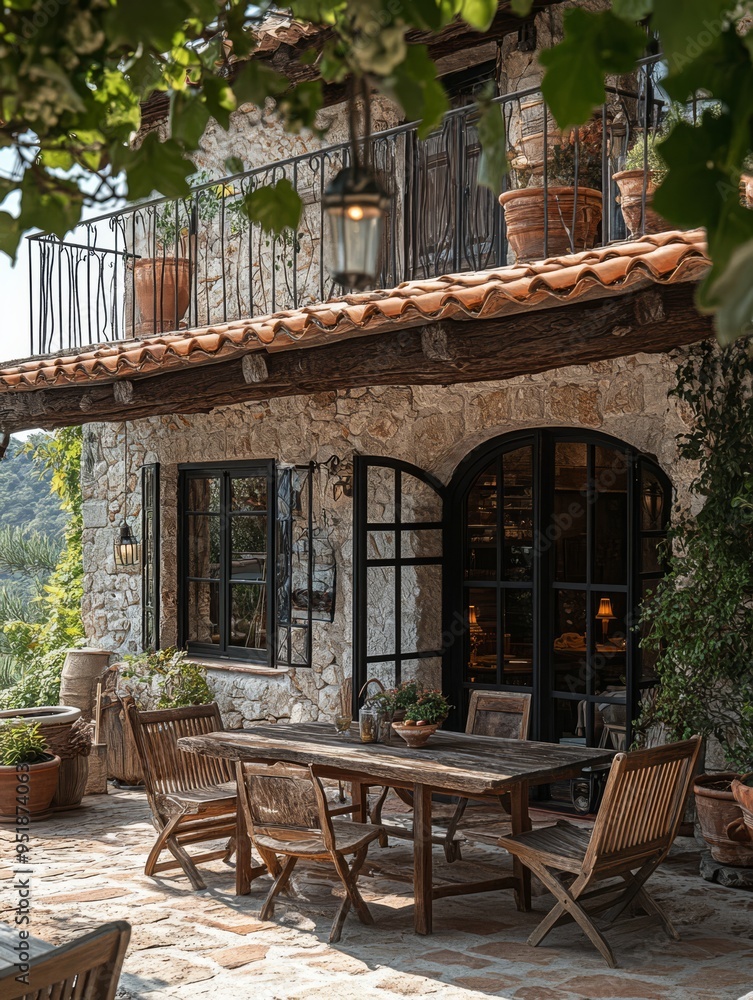 Obraz premium Mediterranean-style terrace with rustic wooden furniture, terracotta tiles, and lush greenery, creating a warm and inviting outdoor living space