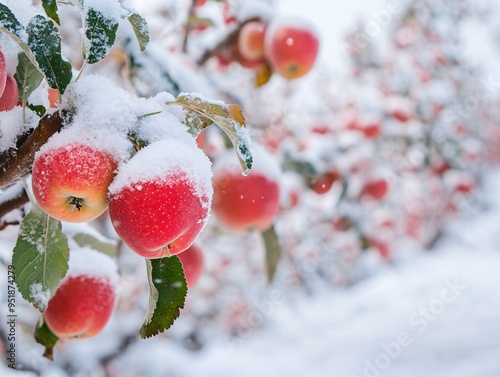 Apple Trees Covered in Snow with Red Apples Peeking