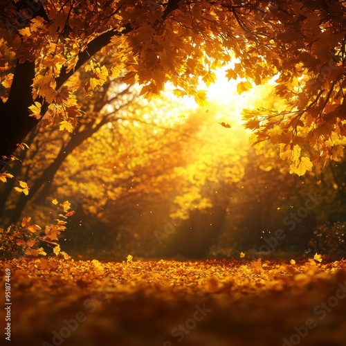 Golden Autumn Leaves Illuminated by Sunlight: Radiant Background for Bright and Cheerful Seasonal Content