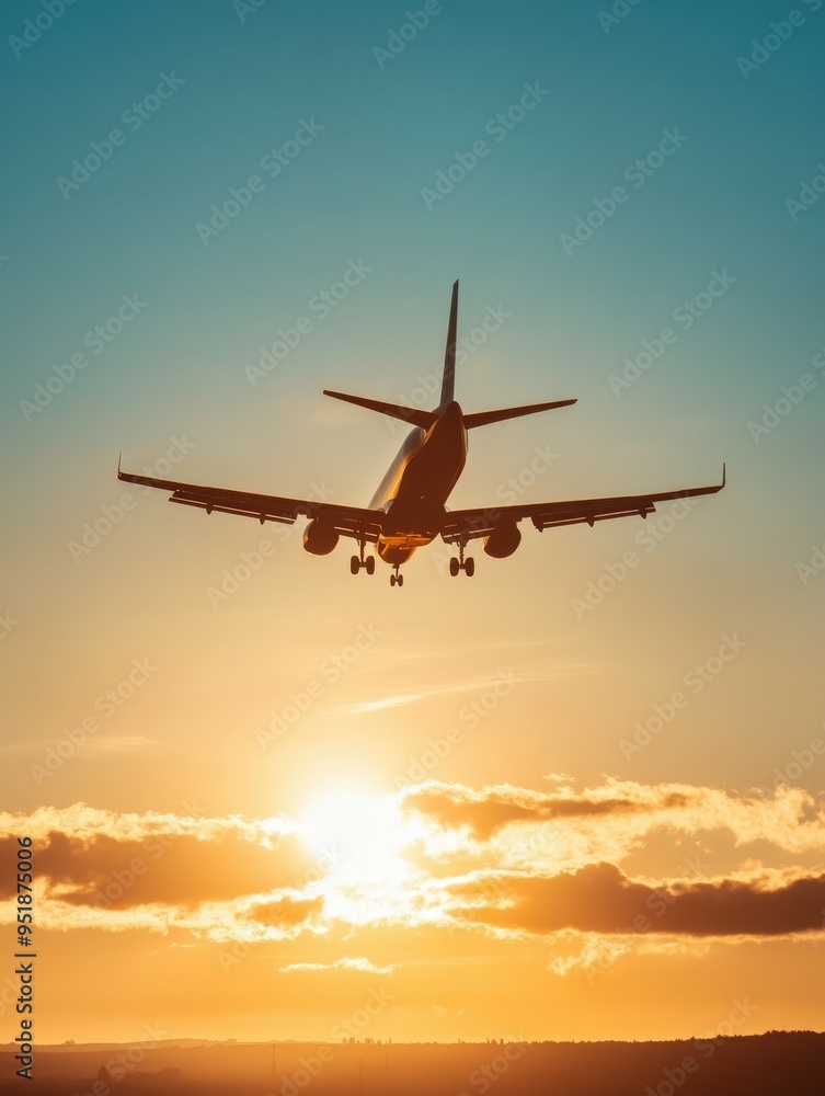 Airplane landing at sunset over a tranquil landscape in the evening sky Airplane landing at sunset over a tranquil landscape in the evening sky