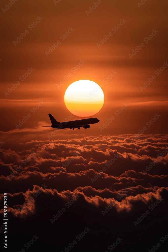 Airplane silhouette flying above clouds during stunning sunset Airplane silhouette flying above clouds during stunning sunset