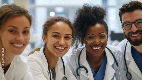 Group of healthcare professionals from different races working together in a hospital setting representing diversity in the medical field
