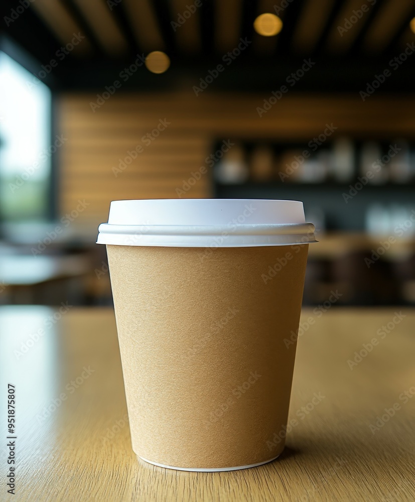 Warm coffee cup on a wooden table in a cozy café setting Warm coffee cup on a wooden table in a cozy café setting