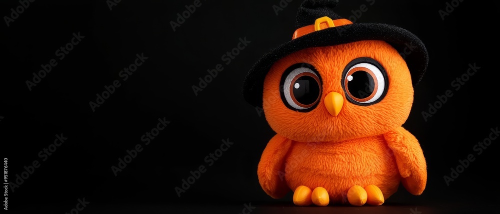 A large-eyed orange stuffed animal wearing a black hat sits before a black backdrop A large-eyed orange stuffed animal wearing a black hat sits before a black backdrop