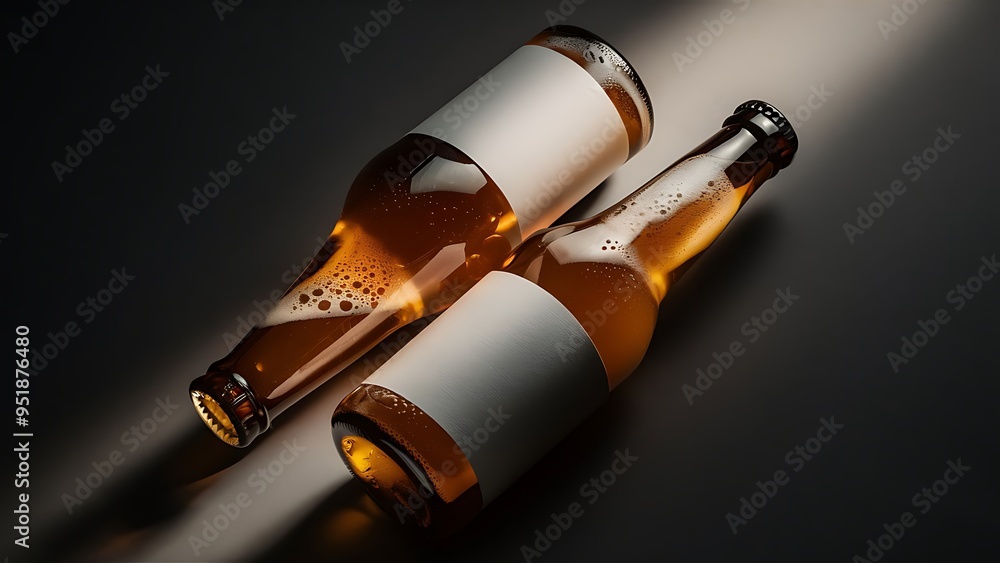 Low angle view of two glass bottles with beer and labels on dark background with back light Low angle view of two glass bottles with beer and labels on dark background with back light