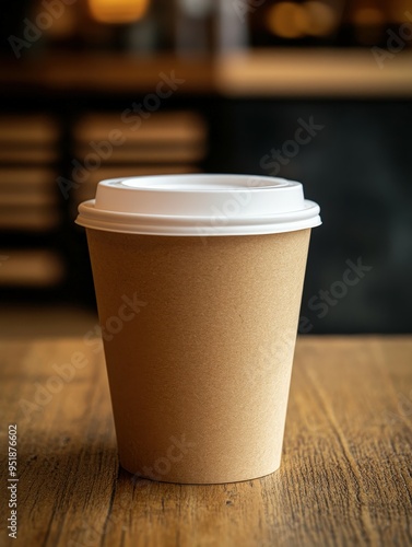 A steaming cup of coffee rests on a wooden table in a cozy café