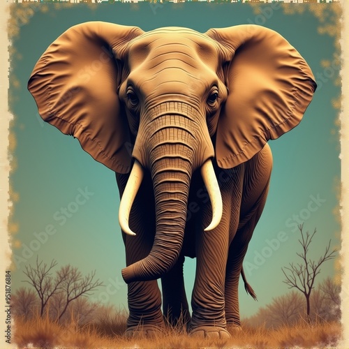 Retro-inspired vintage poster art of an elephant with nostalgic elements and muted colors evoking a sense of timelessness photo