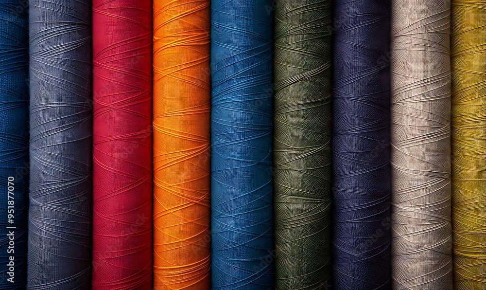 A vibrant set of spools of colorful thread in perfect harmony. Varied shades of colored thread spools A vibrant set of spools of colorful thread in perfect harmony. Varied shades of colored thread spools