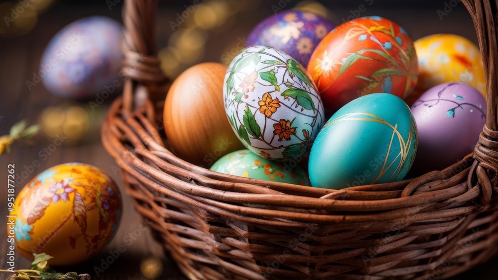 Easter eggs in a basket on a wooden table with a place for text. Easter eggs in a basket on a wooden table with a place for text.