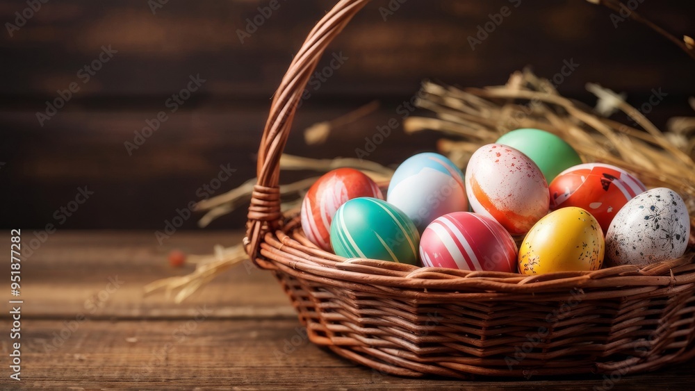 Easter eggs in a basket on a wooden table with a place for text. Easter eggs in a basket on a wooden table with a place for text.
