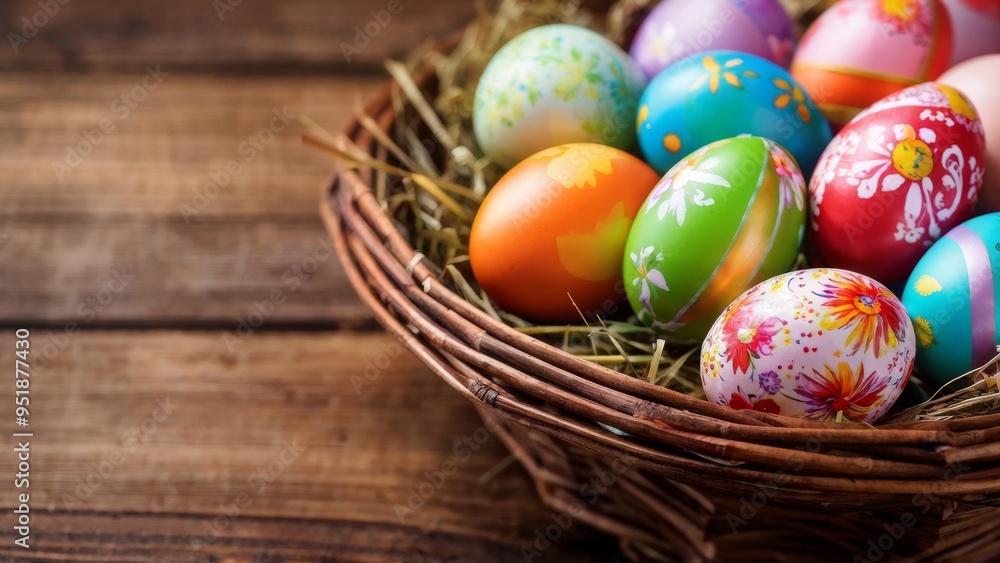 Easter eggs in a basket on a wooden table with a place for text. Easter eggs in a basket on a wooden table with a place for text.