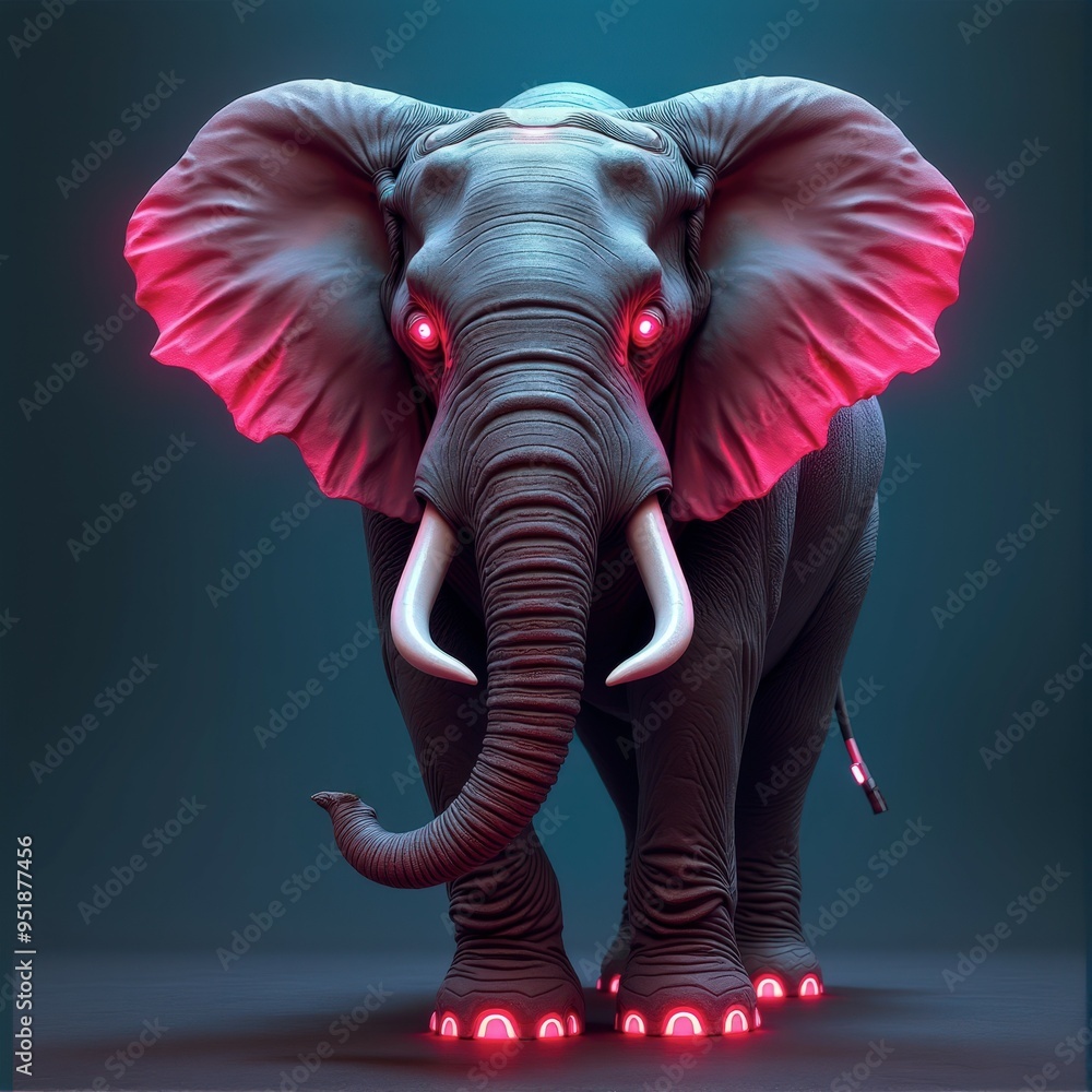Futuristic painting of a cyborg elephant with metallic elements and neon lights blending nature with technology Futuristic painting of a cyborg elephant with metallic elements and neon lights blending nature with technology