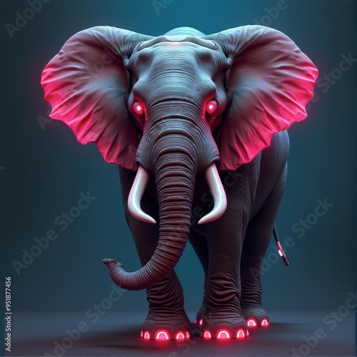 Futuristic painting of a cyborg elephant with metallic elements and neon lights blending nature with technology photo