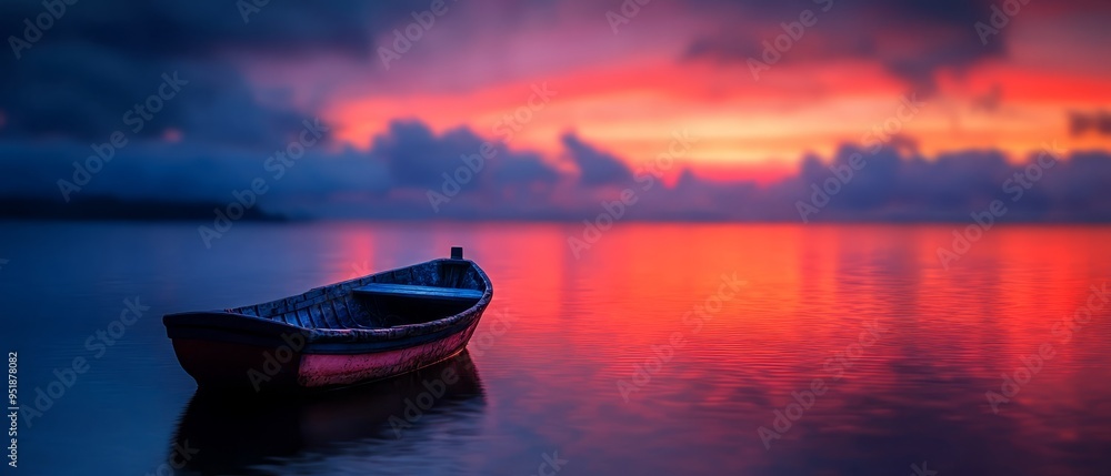 A boat floats on a body of water beneath a cloudy sky The background features a red and blue gradient A boat floats on a body of water beneath a cloudy sky The background features a red and blue gradient