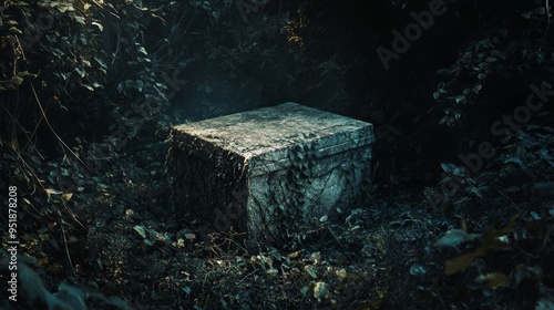 A cracked stone box surrounded by overgrown vines in a dark forest, hinting at ancient magic and untold stories waiting to be discovered photo