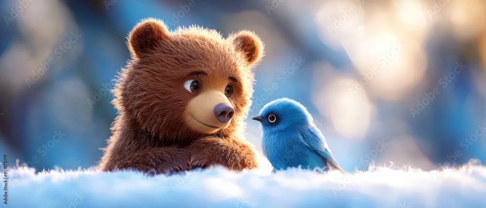 A brown bear sits next to a blue bird atop a snow-covered ground Trees dot the background A brown bear sits next to a blue bird atop a snow-covered ground Trees dot the background