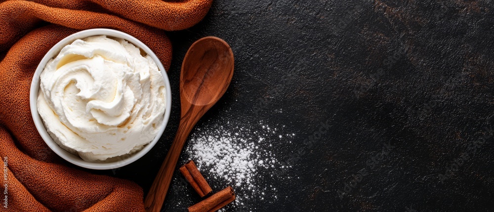 A bowl of whipped cream sits atop a table, accompanied by two wooden spoons and an orange towel nearby A bowl of whipped cream sits atop a table, accompanied by two wooden spoons and an orange towel nearby
