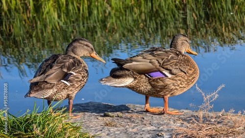Obraz na płótnie Ducks standing on the pier by the river Corrib, Galway, Ireland, Animals, and wildlife, nature background w salonie