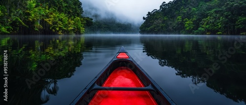  A boat floats on serene water, encompassed by lush green trees, with a foggy sky distantly shrouded photo