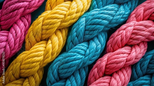 Close up of colorful braided ropes.