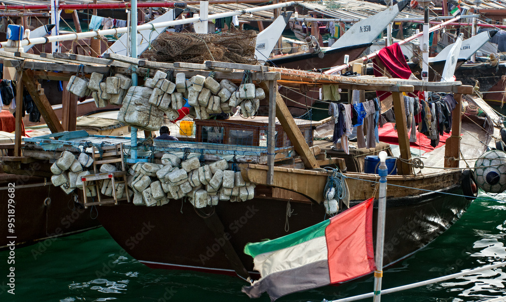 View of Iranian dhows in the Persian Gulf in Abu Dhabi. View of Iranian dhows in the Persian Gulf in Abu Dhabi.