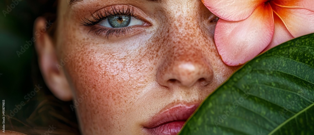 A tight shot of a woman's freckled face, with a flower gently positioned before it A tight shot of a woman's freckled face, with a flower gently positioned before it