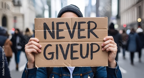 A person holding a sign with the word “Never Giveup” written on it  photo