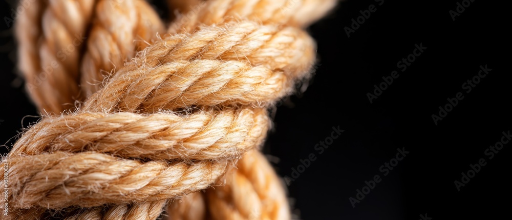 Close-up of a knotted rope end against black backdrop or Black background with knotted rope end in focus Close-up of a knotted rope end against black backdrop or Black background with knotted rope end in focus