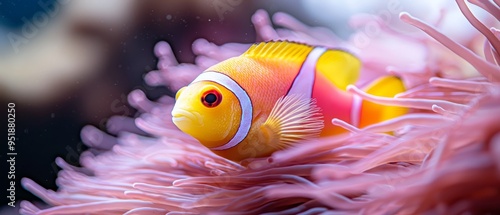  A close-up of a clownfish on a pink sea anemone photo