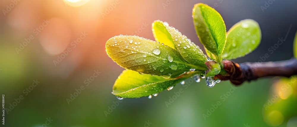 A tight shot of a green leaf dripping with water on a tree branch against a sun-splashed background A tight shot of a green leaf dripping with water on a tree branch against a sun-splashed background