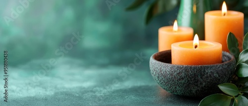  Three candles, lit, reside in a bowl beside a potted plant A blue tablecloth adorns the table, and a green plant graces the background photo