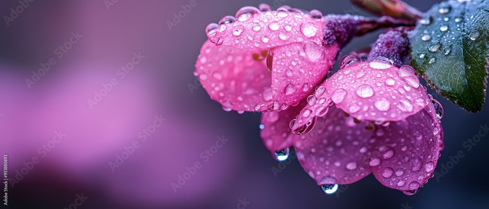 A tight shot of a pink blossom sporting pearls of water, accompanied by a green leaf in the near foreground A tight shot of a pink blossom sporting pearls of water, accompanied by a green leaf in the near foreground