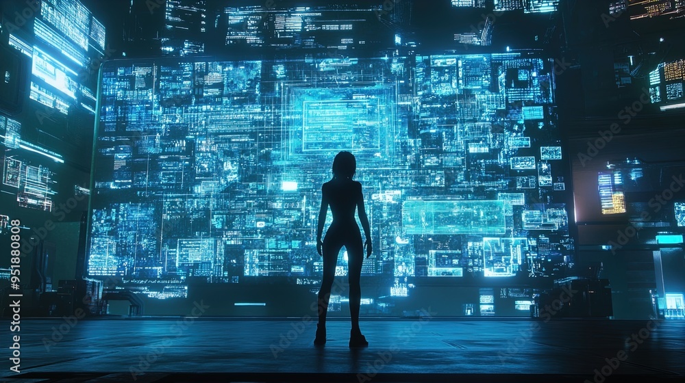 A person stands in silhouette before a gigantic wall or screen displaying a vast array of holographic or digital information in neon blue. The scene is set in a high-tech, futuristic environment chara A person stands in silhouette before a gigantic wall or screen displaying a vast array of holographic or digital information in neon blue. The scene is set in a high-tech, futuristic environment chara