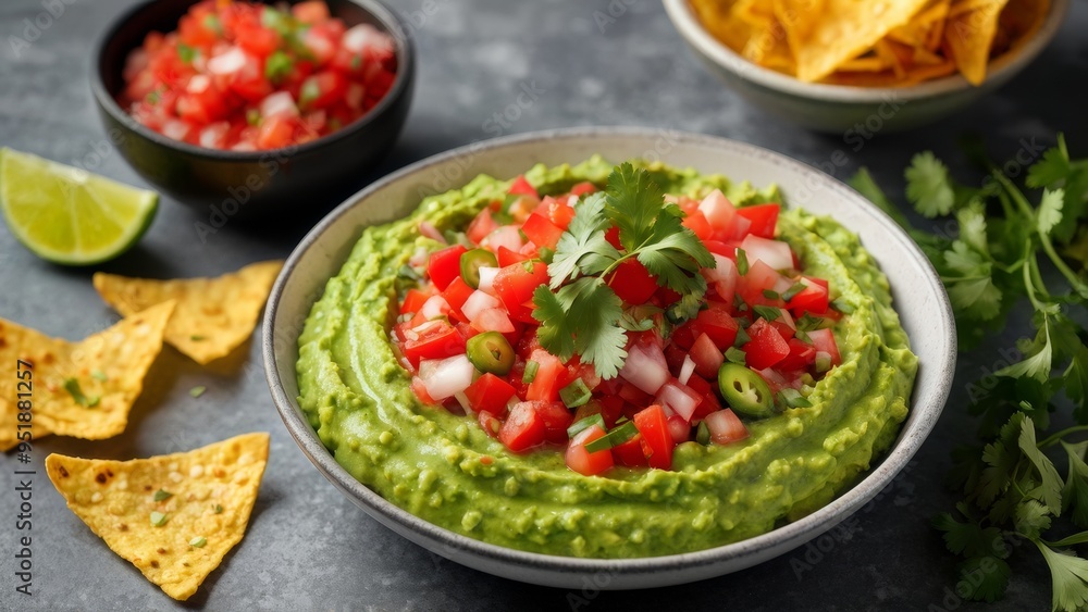 Mexican dish: Guacamole with nachos and salsa sauce on a gray background. Mexican dish: Guacamole with nachos and salsa sauce on a gray background.