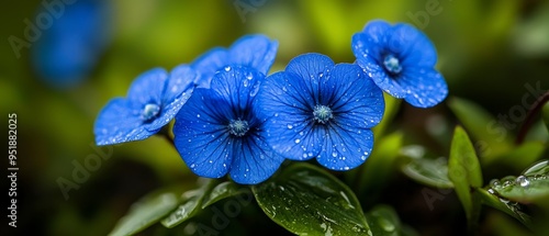  A cluster of blue blooms, each dotted with water droplets, perches atop a verdant plant bedecked with dewdrops on its leafy peti photo