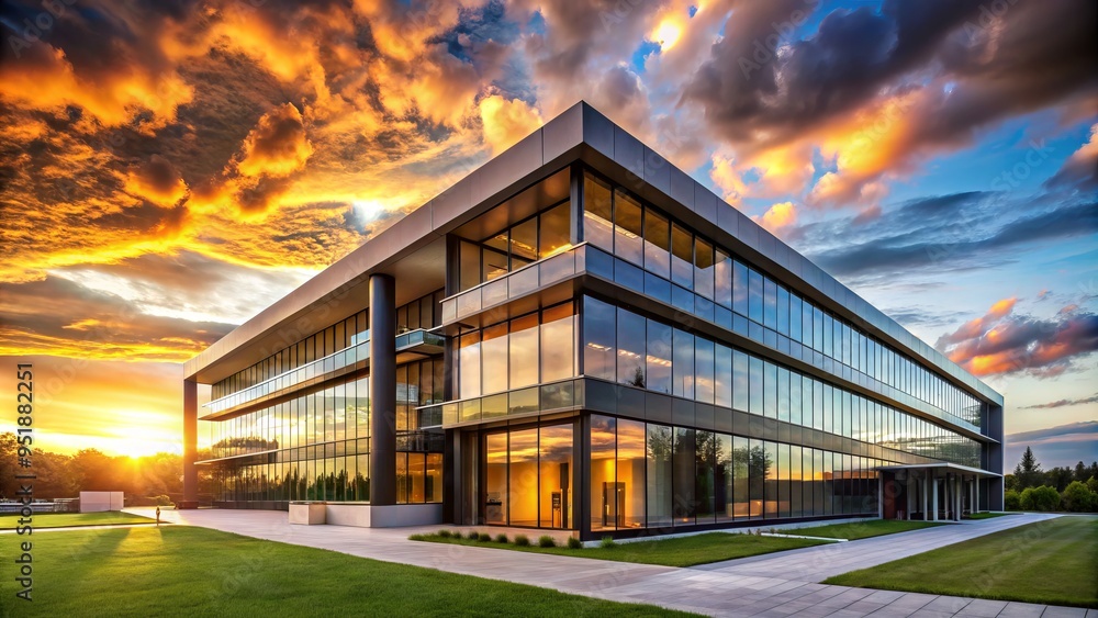 Obraz premium modern architecture sleek lines minimalist façade warm golden light dramatic clouds dusk serene calmness professional care trustworthy atmosphere