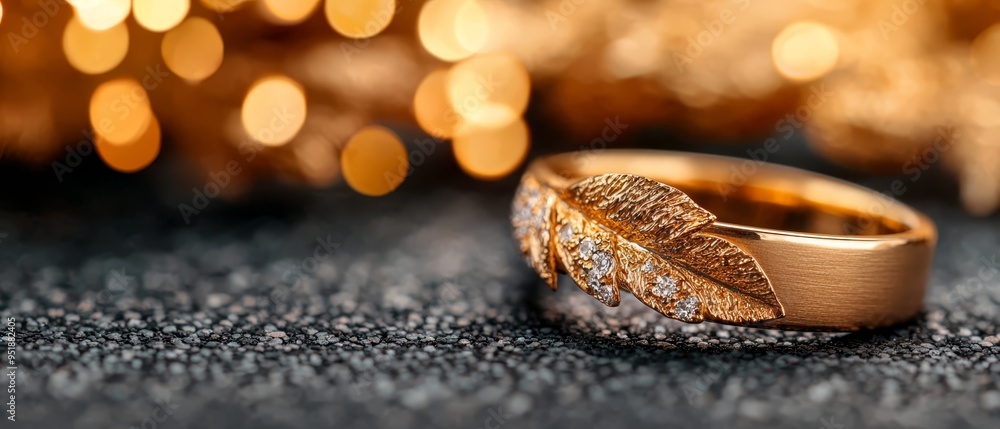A few wedding rings atop a black surface, near a gold-and-white bouquet of lights A few wedding rings atop a black surface, near a gold-and-white bouquet of lights