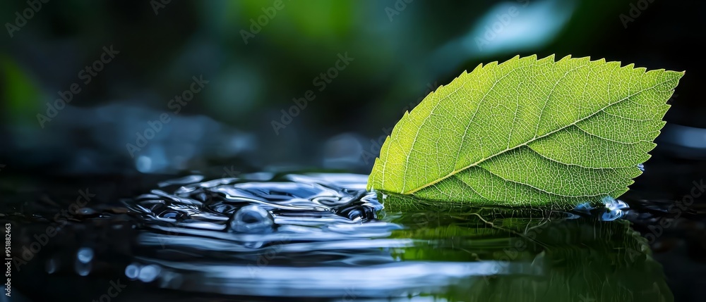 A leaf hovering above still water, with a solitary droplet beside it A leaf hovering above still water, with a solitary droplet beside it