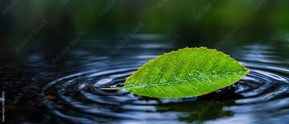 A green leaf floats serenely atop still water, with a solitary droplet clinging to its edge A green leaf floats serenely atop still water, with a solitary droplet clinging to its edge