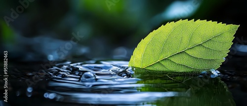  A leaf hovering above still water, with a solitary droplet beside it