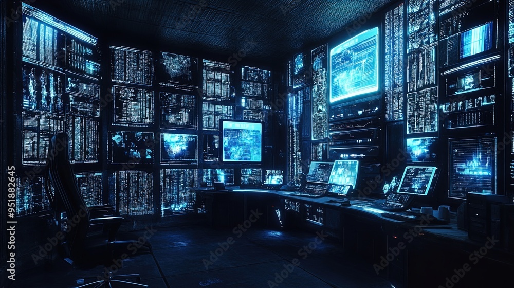 A high-tech control room filled with an array of digital screens and monitors covering every wall surface. The room is illuminated by the blue glow of the screens, displaying a variety of data, codes, A high-tech control room filled with an array of digital screens and monitors covering every wall surface. The room is illuminated by the blue glow of the screens, displaying a variety of data, codes,