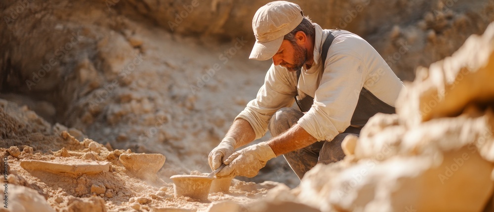 Naklejka premium An archaeologist at a dig site, carefully brushing away dirt from ancient relics, uncovering the secrets of lost civilizations through research